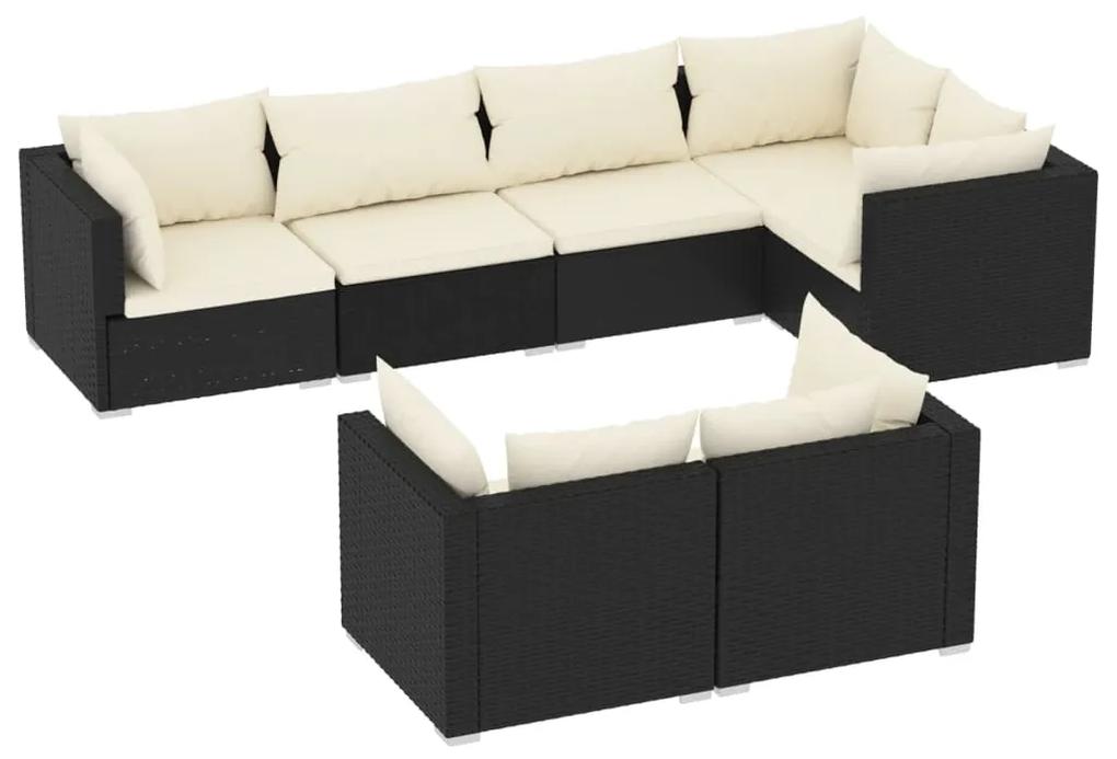 Set mobilier de gradina cu perne, 7 piese, negru, poliratan negru si crem, 5x colt + 2x mijloc, 1