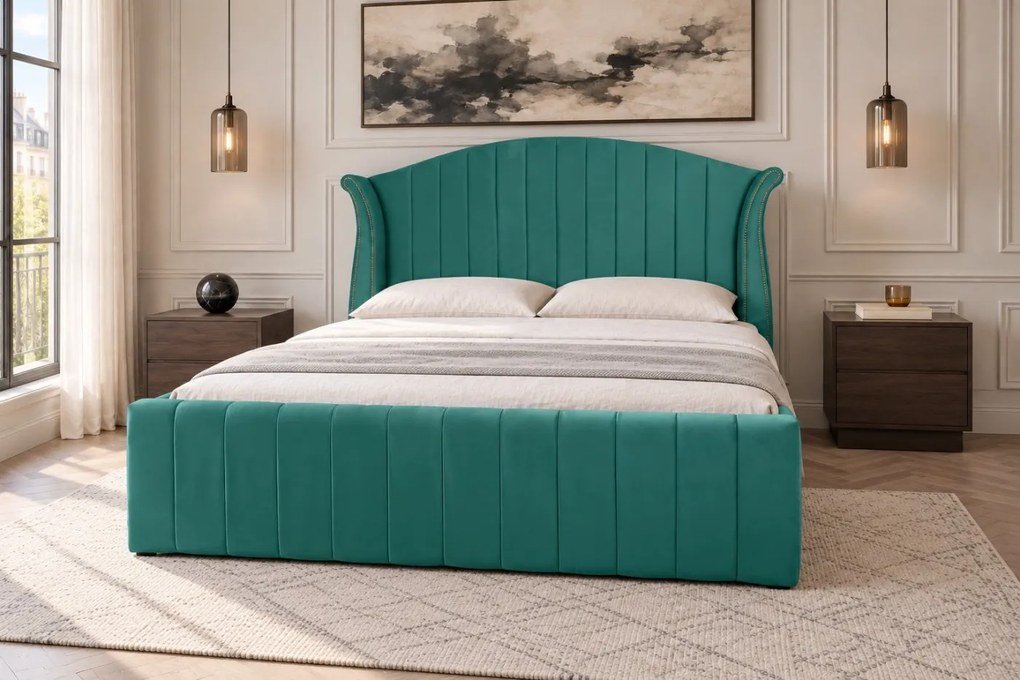 Pat tapițat din catifea Velluto Line 180×200 cm, verde, cu ladă de depozitare