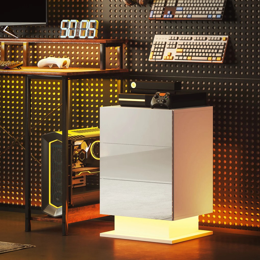 HOMCOM Noptieră cu Lumini LED Reglabile, 3 Sertare și Telecomandă, 40x35x60 cm, Alb | Aosom Romania