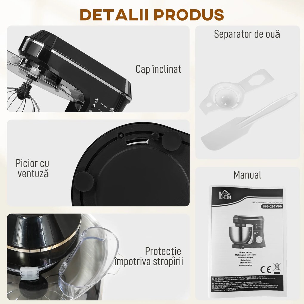 HOMCOM Mixer Planetar cu Bol Inox de 7L, 1400W, 6 Viteze Pulse, Cap Înclinat, Mixer Profesional Antiderapant cu Cârlig Frământare, Tel, Batător, Capac Anti-Stropire și Accesorii | Aosom Romania