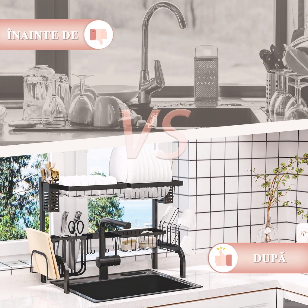 HOMCOM Uscător de Vase de Tip Stand Modular cu 2 Nivele 65x31.5x52.5 cm Negru | Aosom Romania