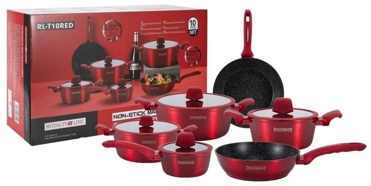 Set oale si tigai cu capace, marmorate, 10 piese Royalty Line RL-T10 rosu, antiaderente