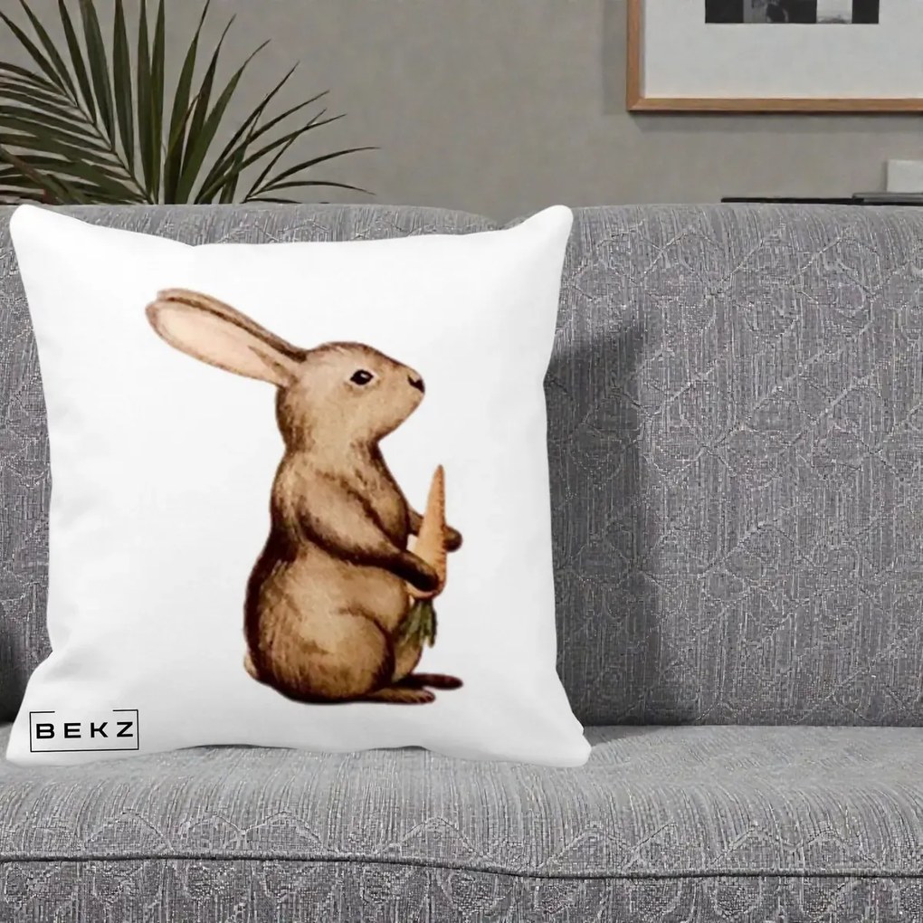 Perna Decorativa Iepuras Acuarela cu Morcov, 40x40 cm, Alba Mata, Husa Detasabila, Perna Inclusa, BEKZ®
