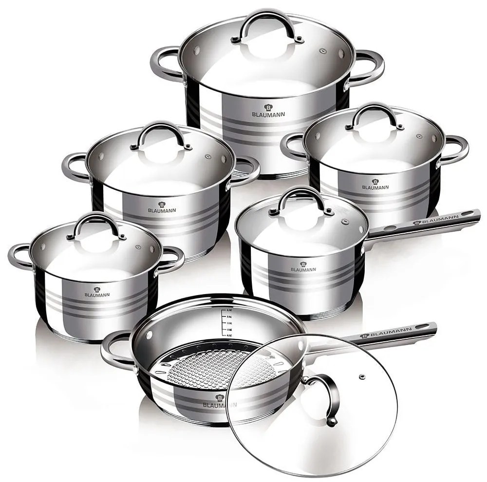 Set oale si tigaie inox 12 piese cu capace de sticla, de calitate, gatire sanatoasa,  Gourmet Line Blaumann BL 1410