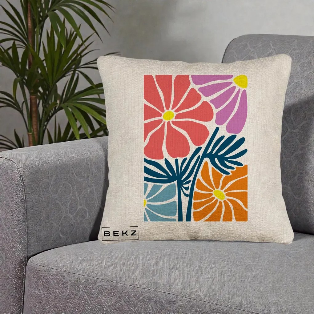 Perna Decorativa Flori Grafice Roz-Orange-Albastru, 40x40 cm, Bej Canapea, Husa Detasabila, Perna Inclusa, BEKZ®