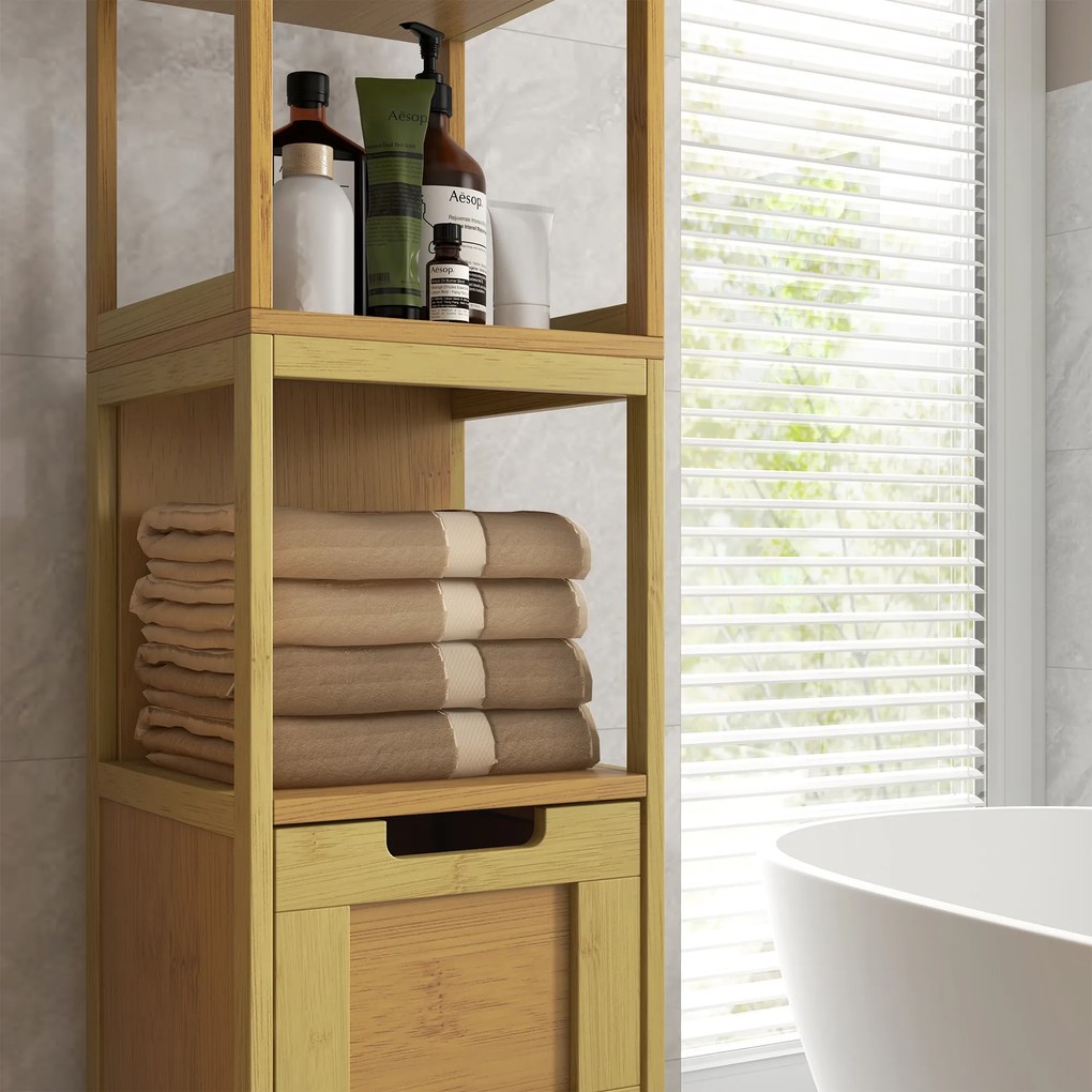kleankin Dulap Baie Stil Natural dim. 30L x 30l x 144H cm 3 rafturi 2 sertare Bambus | Aosom Romania
