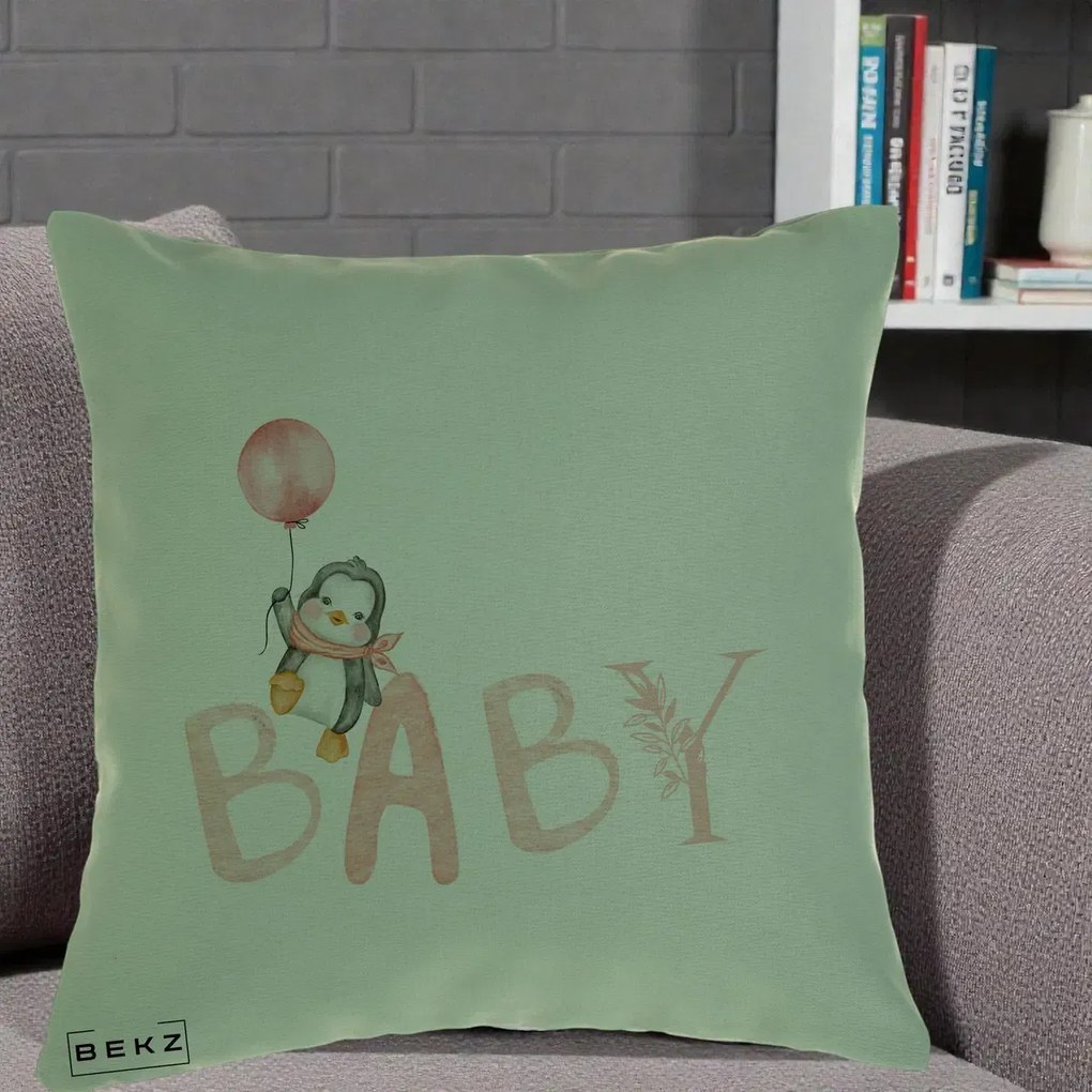 Perna Personalizata Baby Pinguin Roz, 40x40 cm, Verde, Husa Detasabila, Perna Inclusa, BEKZ®