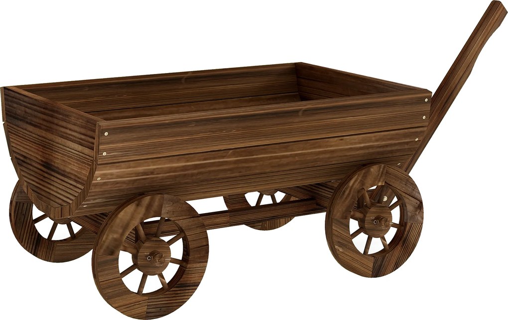 Outsunny Cărucior din lemn cu 4 roți și mâner Jardinieră exterioară cu orificiu de drenaj 115x40x54,5 cm Carbonizat | Aosom Romania