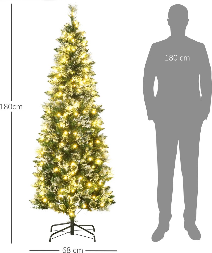 Brad de Craciun 180cm Artificial cu 240 Lumini LED si 618 Ramuri, Brad Acoperit cu Zapada Inalt si Ingust cu Postament din Otel HOMCOM | Aosom RO