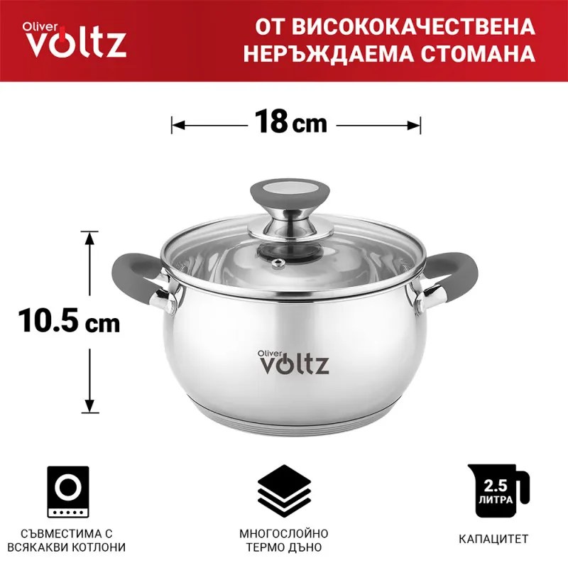 Oala Oliver Voltz OV51210N18, 18 cm, 2,5 l, Inductie, Manere din silicon gri, Inox/Gri