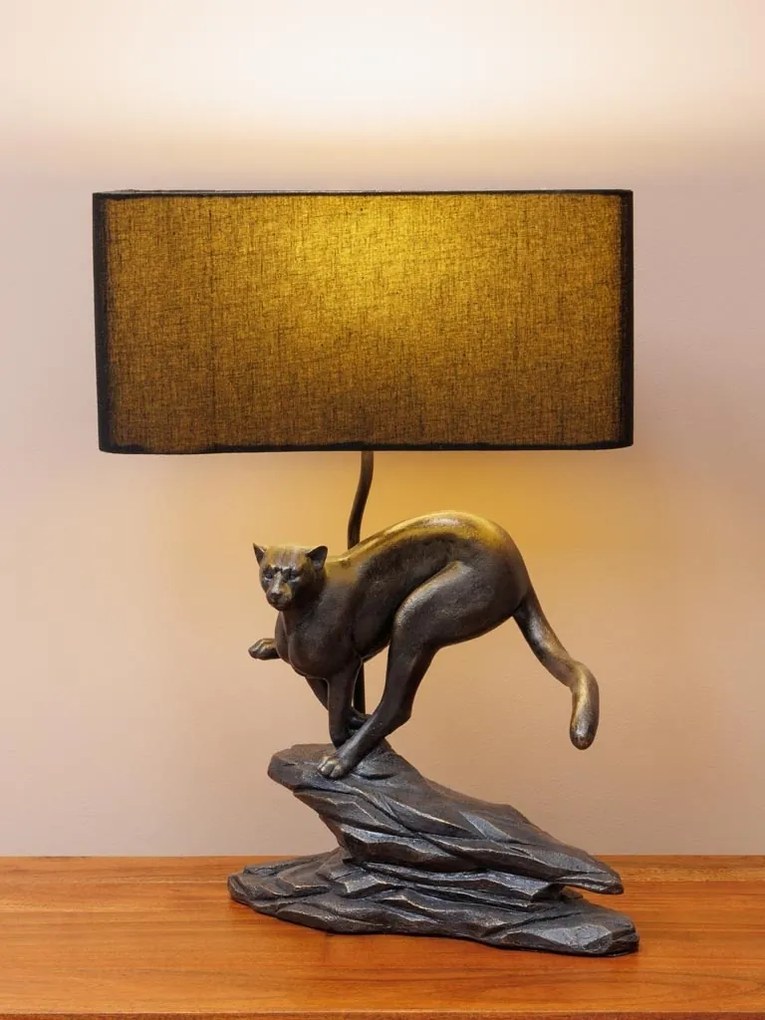 Lampa de masa, din rasina, cu abajur din bumbac, Leopard
