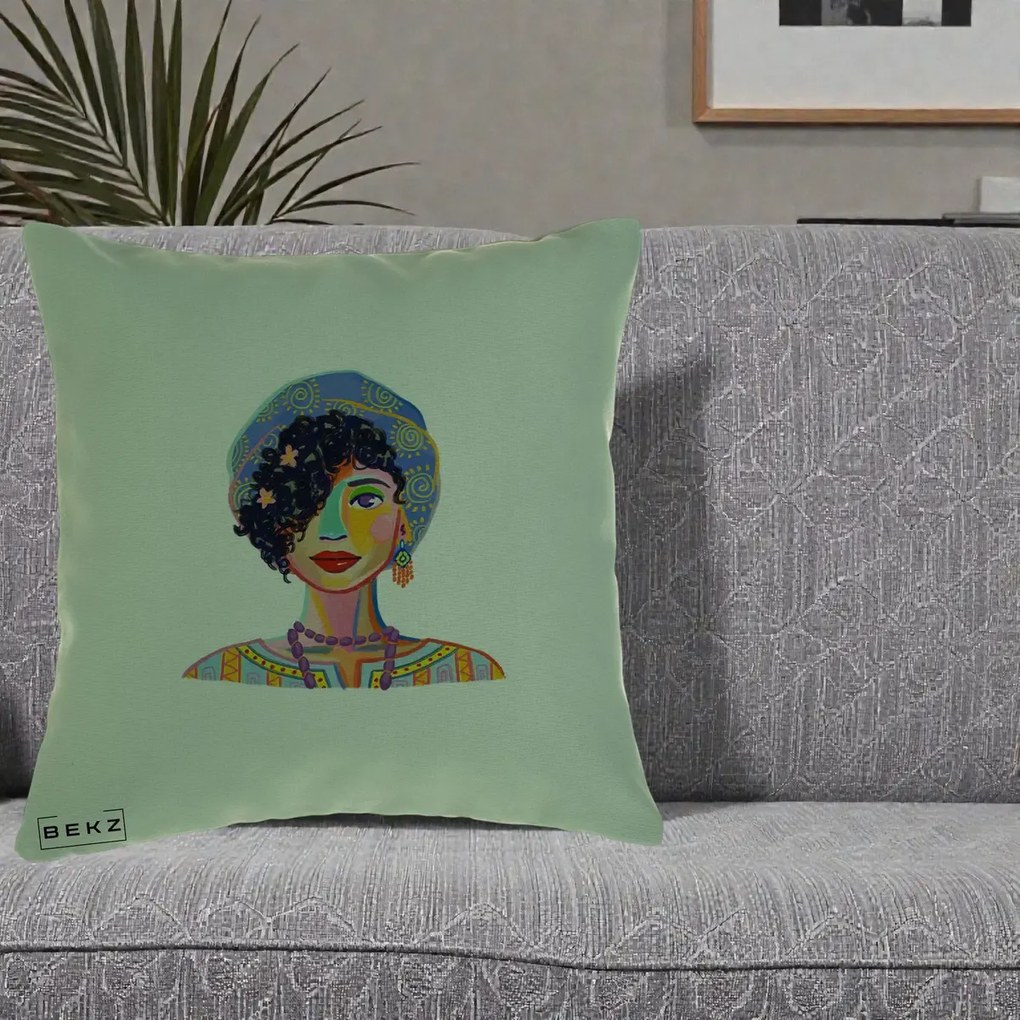 Perna Decorativa Portret Femeie Etnic Colorat, 40x40 cm, Verde, Husa Detasabila, Perna Inclusa, BEKZ®