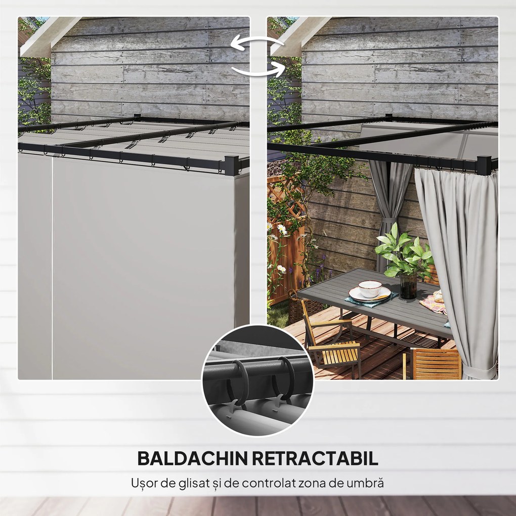 Outsunny Pergolă Retractabilă 3x3 m, Foișor de Grădină cu Perdele, pentru Grătar, Terasă, Deck, Bej | Aosom Romania