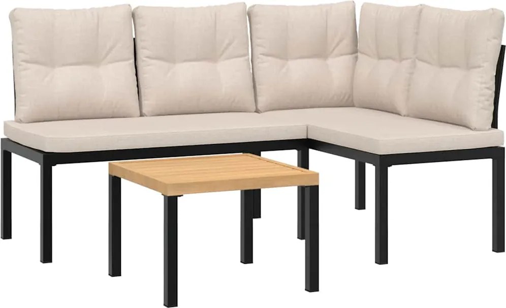 vidaXL Bănci grădină cu perne, 3 buc., negru oțel vopsit electrostatic