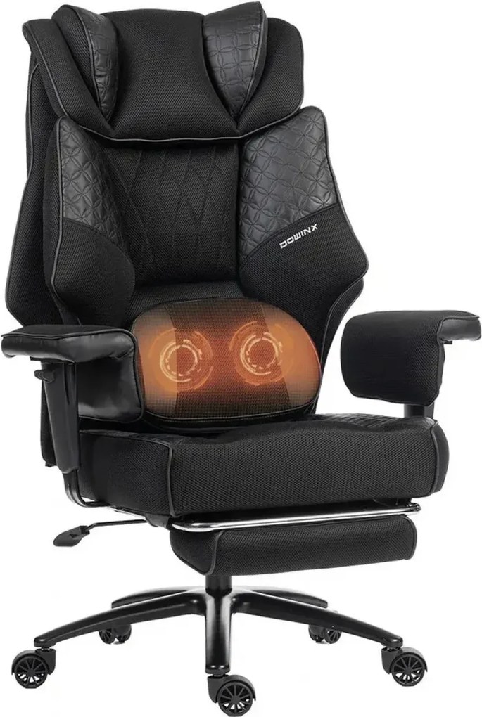 DOWINX 66B3 – Scaun directorial XXL, Extra-Lat și Construcție Heavy-Duty, Masaj Lombara Dublu, cotiere reglabile, suport pentru picioare, Rezistent 180 kg, plasă respirabilă+PU, Negru