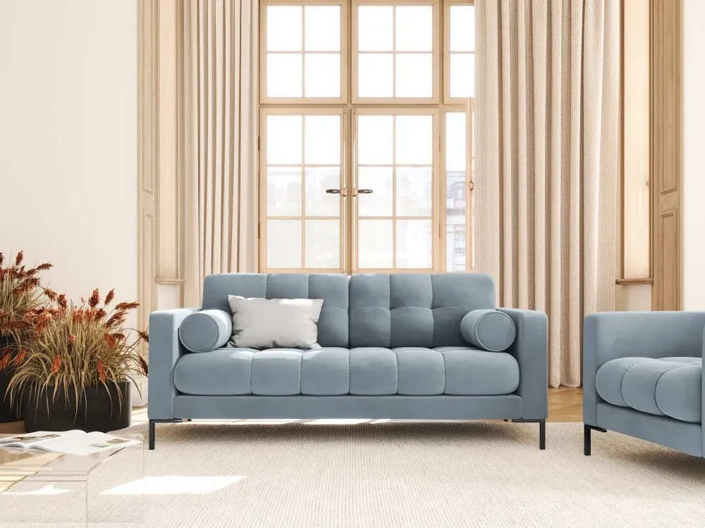 Canapea Bali Light Blue, 2 locuri/catifea/picioare negre