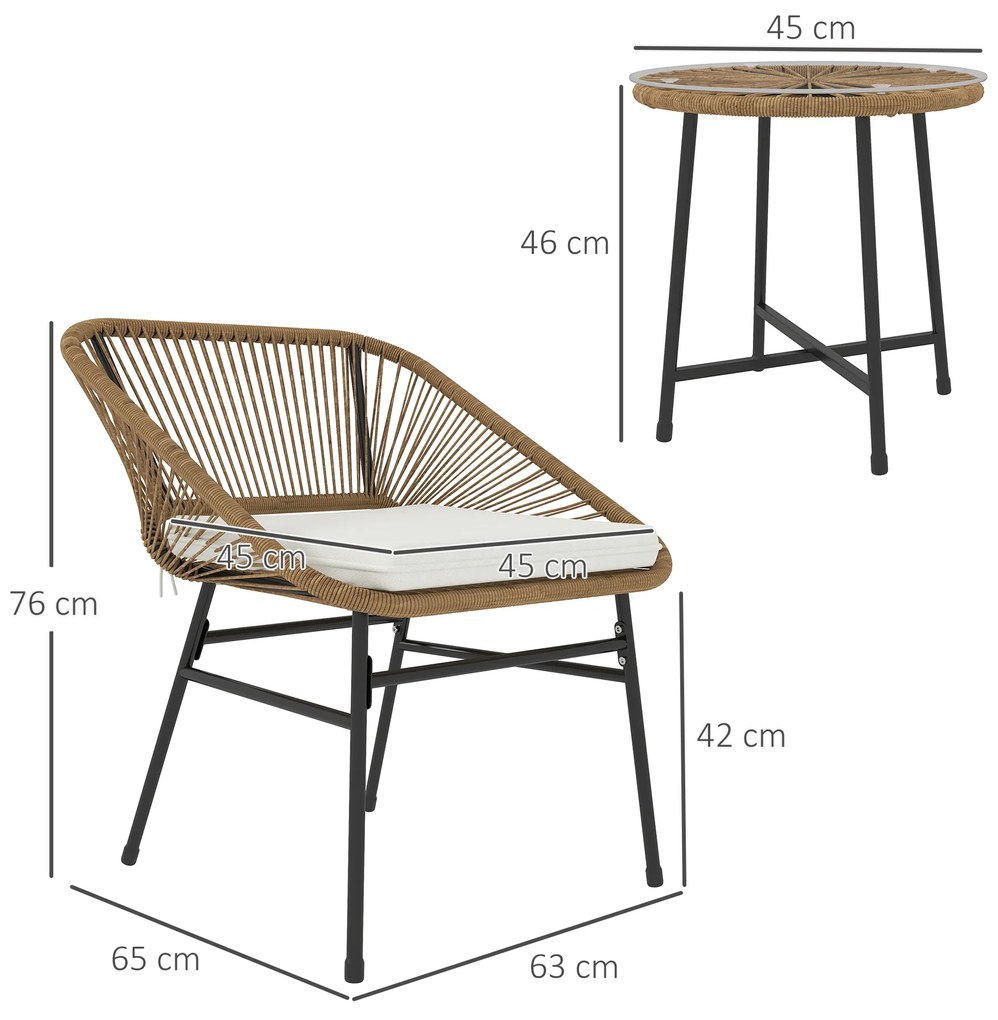 Outsunny Set Bistro din 3 Piese cu Măsuță de Cafea cu Blat de Sticlă și 2 Scaune, Φ45x46 cm, Natural | Aosom Romania