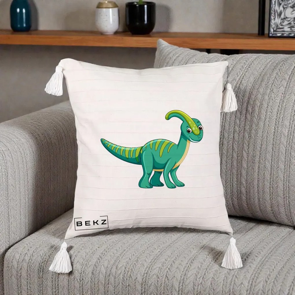 Perna Decorativa Parasaur Verde, 40x40 cm, Bej cu Franjuri, Husa Detasabila, Perna Inclusa, BEKZ®