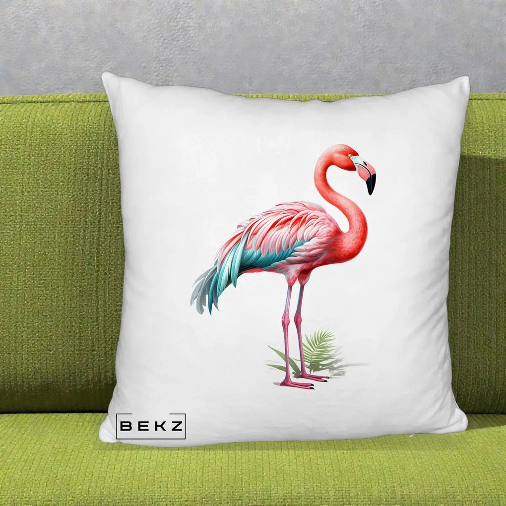 Perna Decorativa Flamingo Roz cu Pene Teal, 40x40 cm, Alb Pufos, Husa Detasabila, Perna Inclusa, BEKZ®