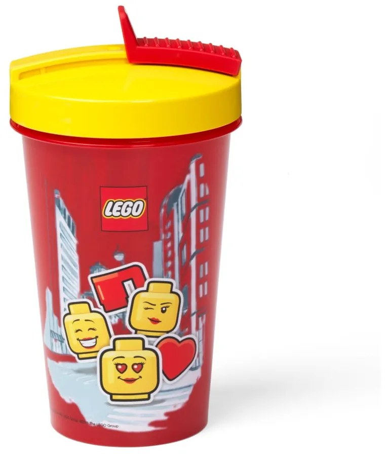 Pahar cu capac galben și pai LEGO® Iconic, 500 ml, roşu