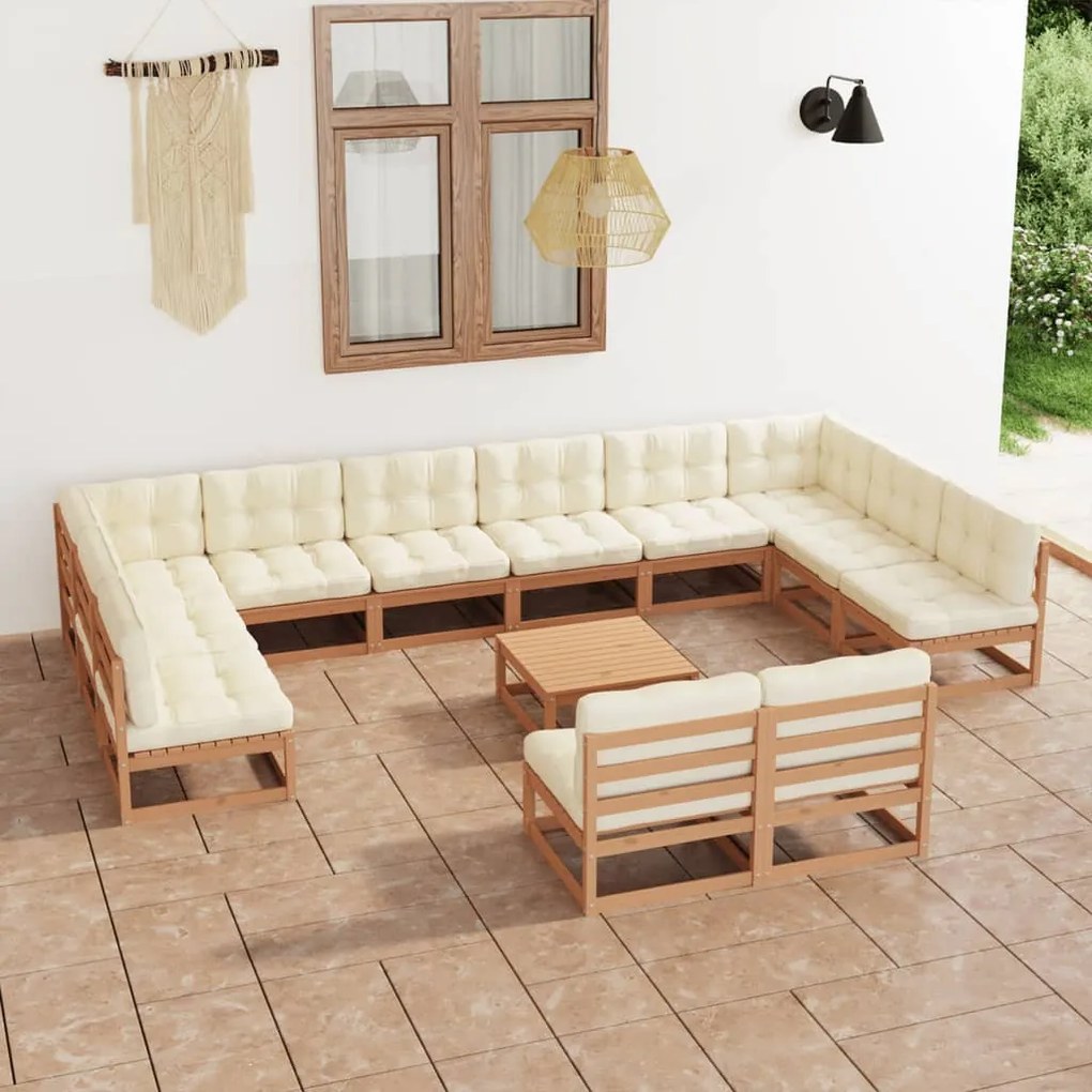 Set mobilier grădină &amp; perne 13 piese maro miere lemn masiv pin