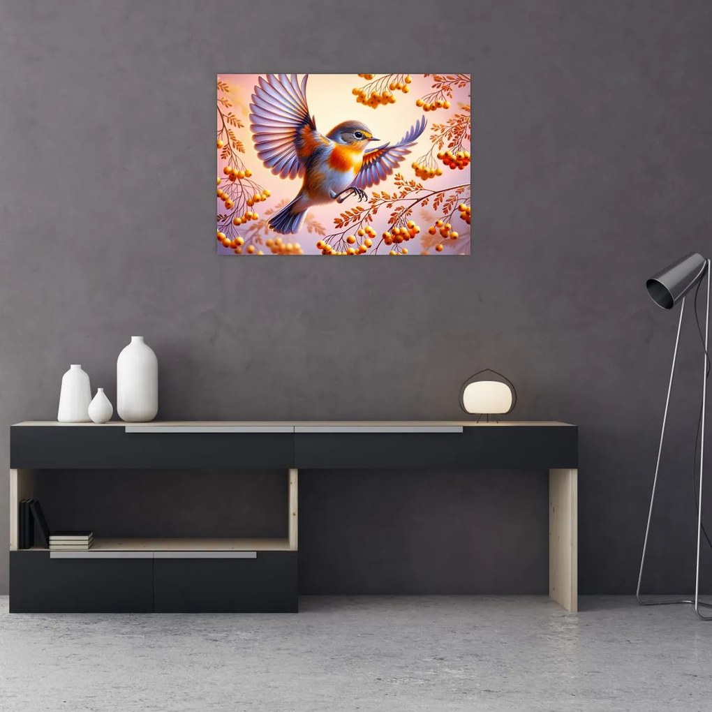 Tablou pe sticlă - Pasăre cu scoruș (70x50 cm)