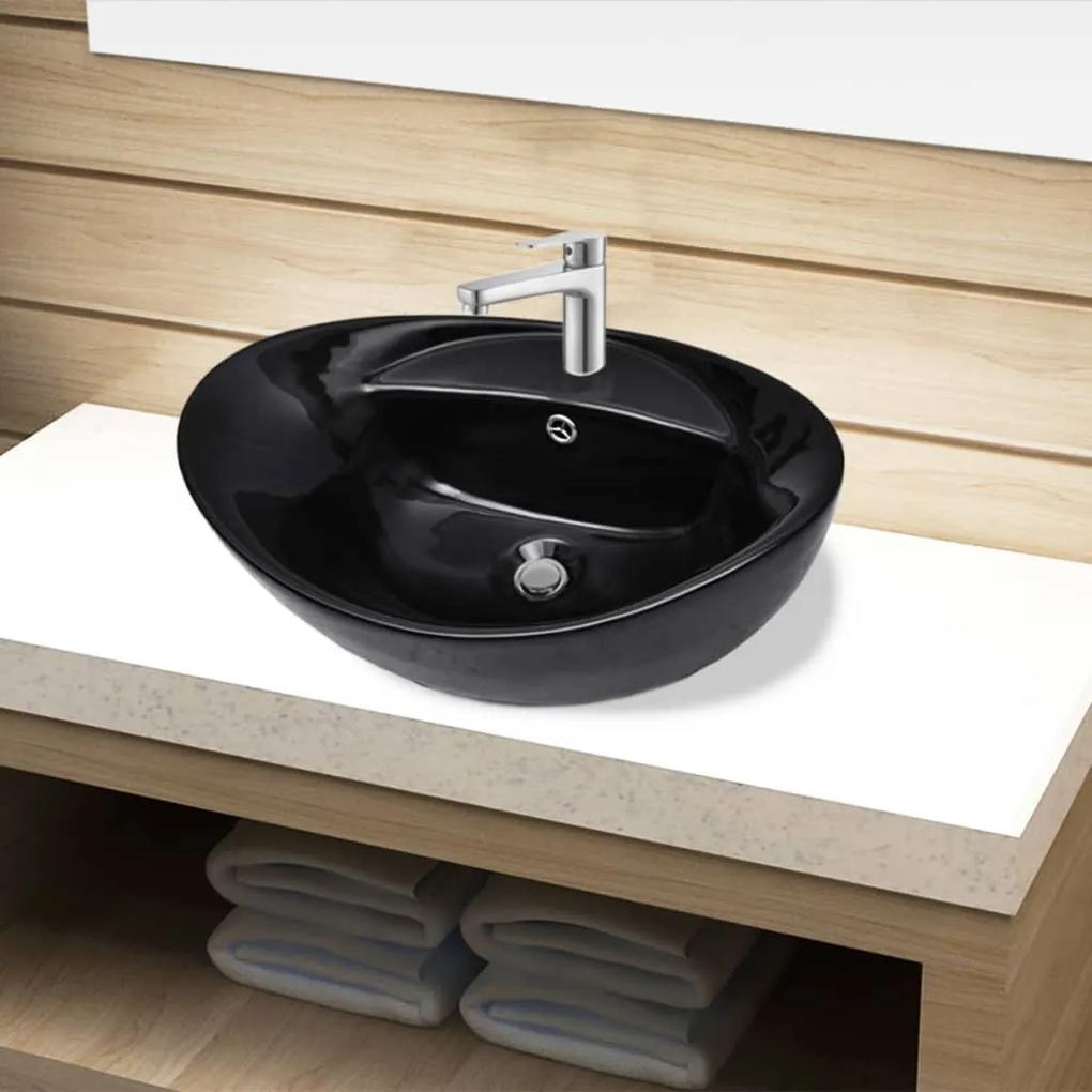 vidaXL Bazin chiuvetă ceramică baie cu gaură robinet/preaplin, oval, negru