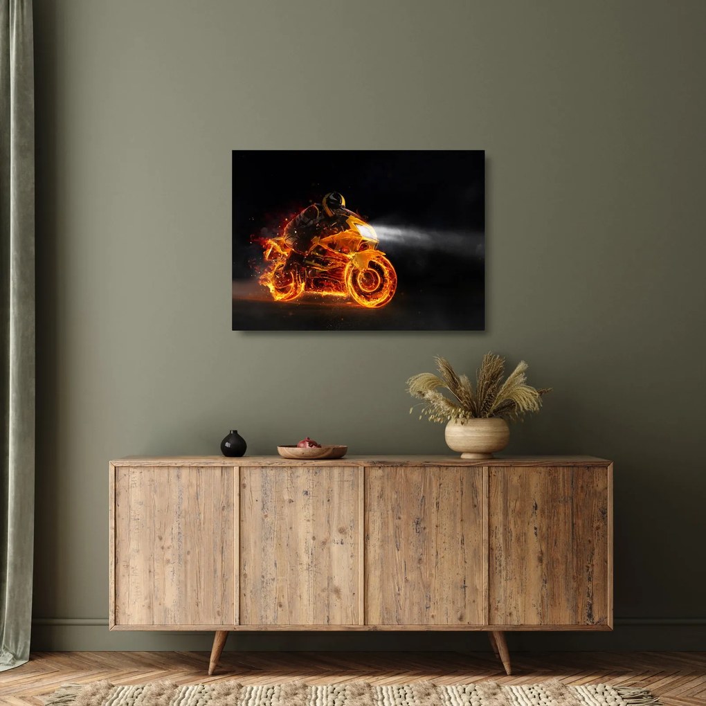 Tablou pe sticlă - Motociclist cu flăcări (70x50 cm)