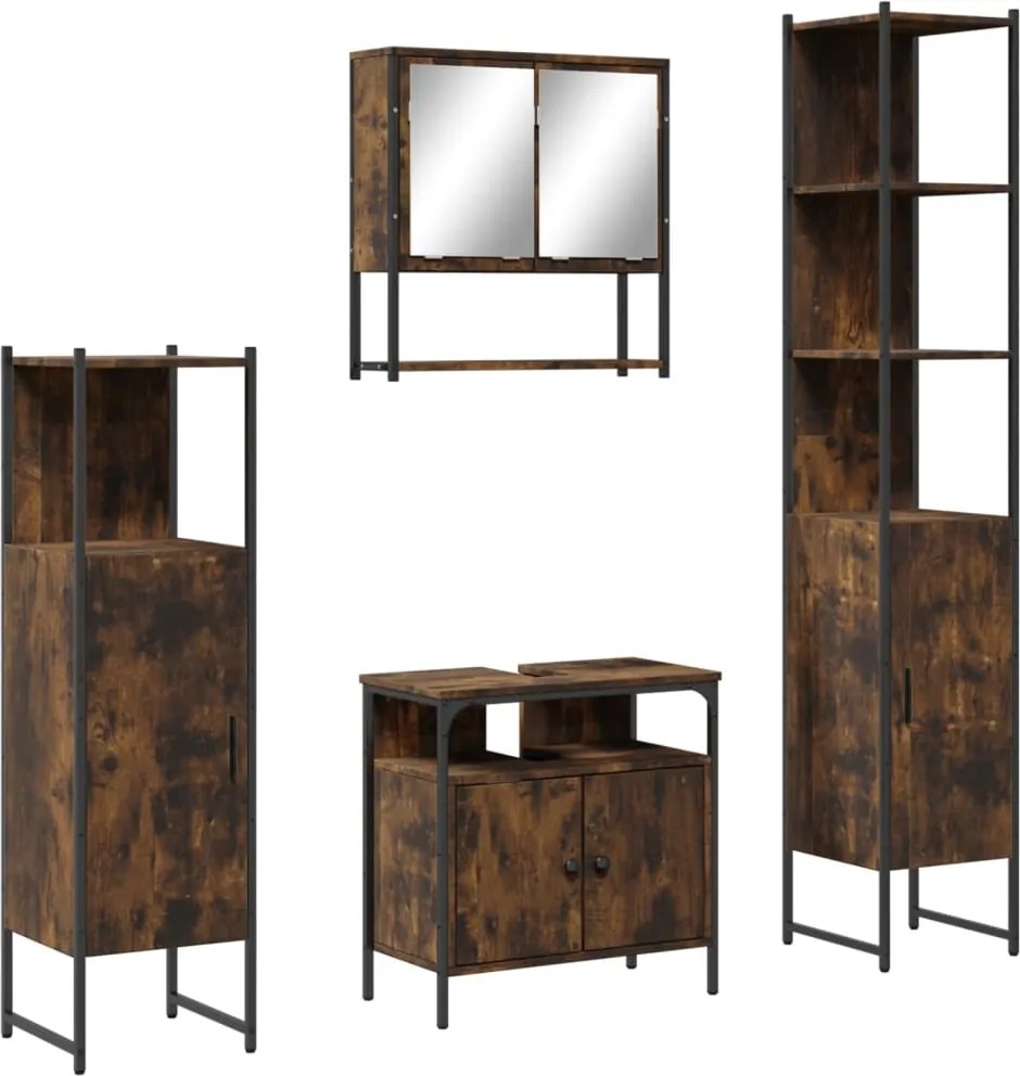 vidaXL Set mobilier de baie, 4 piese, stejar fumuriu, lemn prelucrat