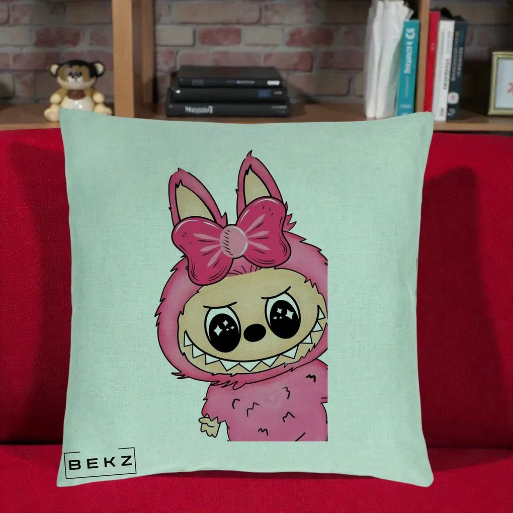 Perna Personalizata Labubu Roz cu Funda, 40x40 cm, Verde Menta, Husa Detasabila, Perna Inclusa, BEKZ®