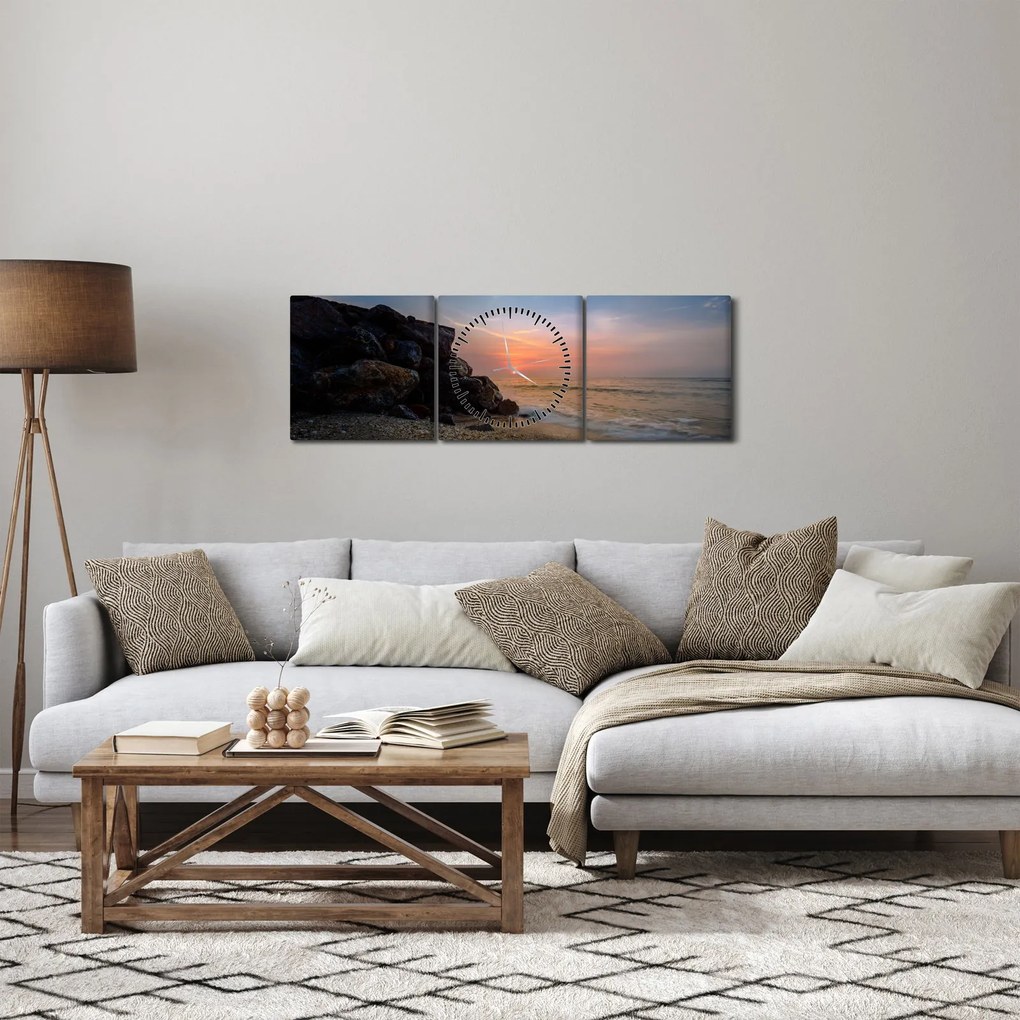 Tablou apusului de soare pe plajă (cu ceas) (90x30 cm)