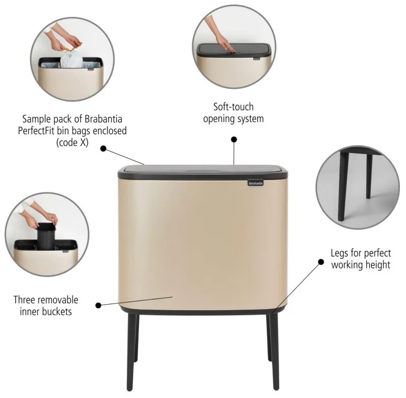 Copentru gunoi colectare selectivă Brabantia Bo Touch 1003216, 3x11 L, Deschidere lina si silentioasa, Deschidere mare, Auriu metalic