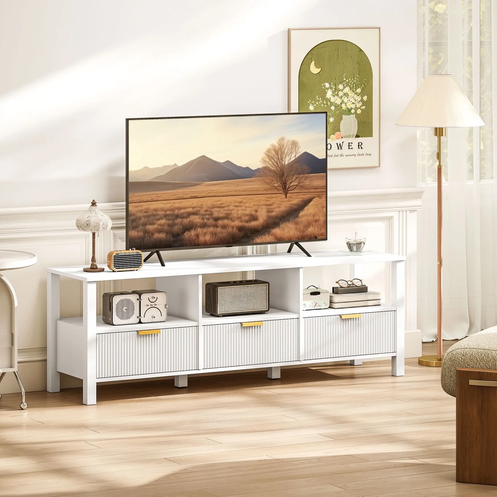 HOMCOM Comodă TV 152 cm, mobilier TV pentru televizor 165,1 cm cu 3 sertare și 3 rafturi deschise, 152x39,5x50cm, alb | Aosom Romania