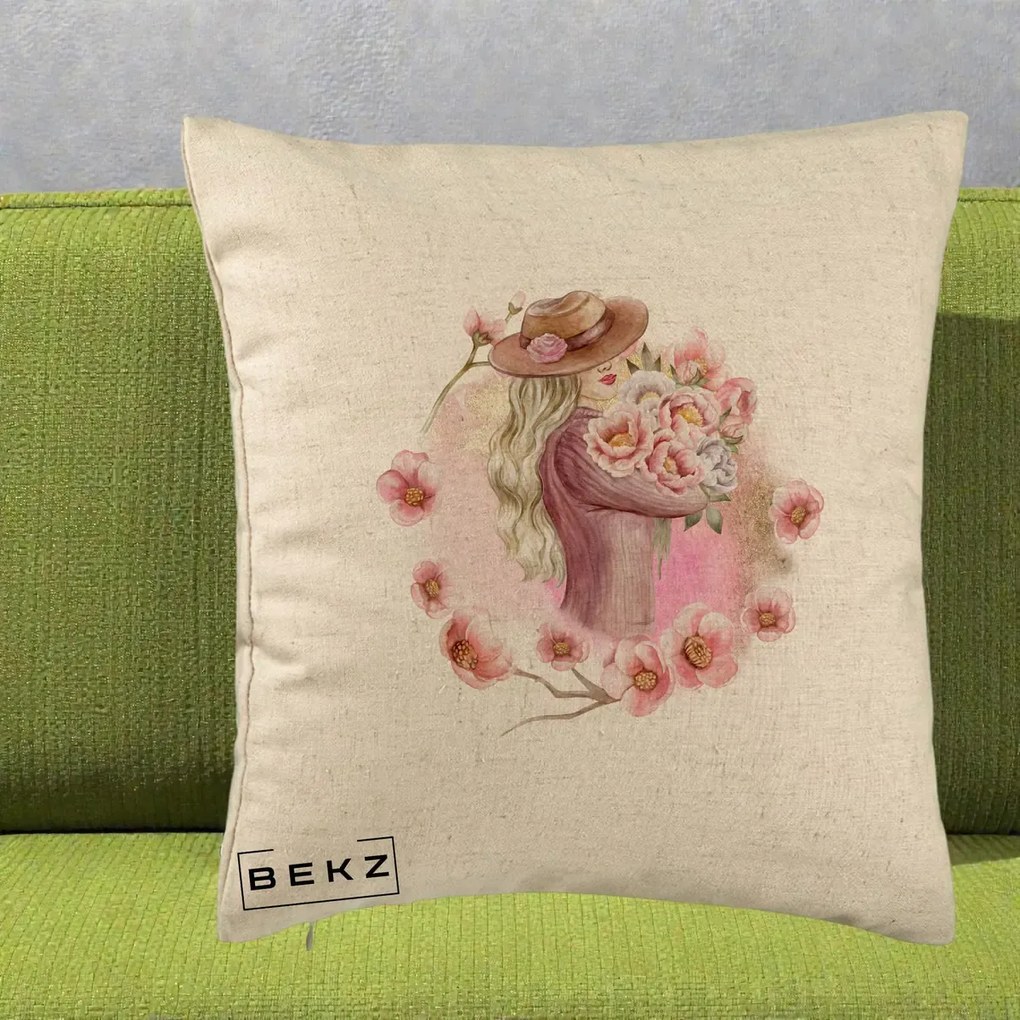 Perna Decorativa Femeie cu Flori Roz Acuarela, 40x40 cm, Bej, Husa Detasabila, Perna Inclusa, BEKZ®