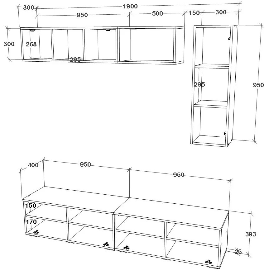 Living haaus V13, Negru/Alb Lucios, MDF, L 190 cm