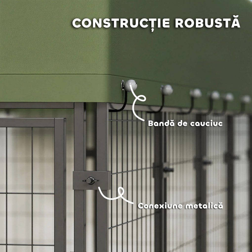 PawHut Țarc pentru Câini de Exterior din Oțel cu Acoperiș din Material Oxford, Anti-UV, Impermeabil, 2 Boluri, Verde | Aosom Romania