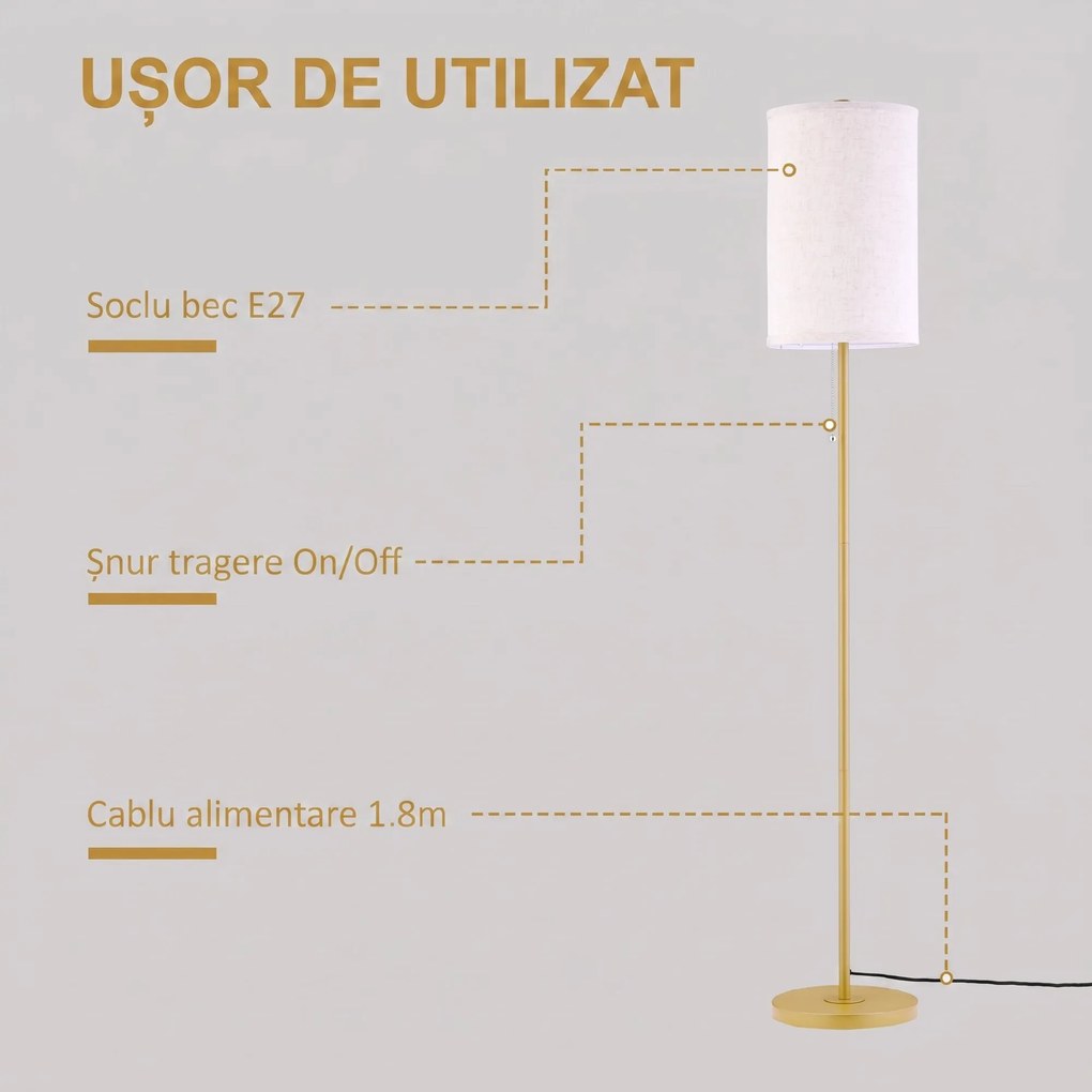 HOMCOM Lampadar cu Abajur din In și Dulie E27, In și Oțel, 25,5x25,5x157 cm, Auriu | Aosom Romania
