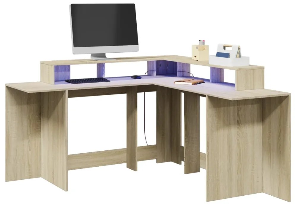 vidaXL Birou cu lumini LED stejar sonoma 152x152x91 cm, lemn prelucrat