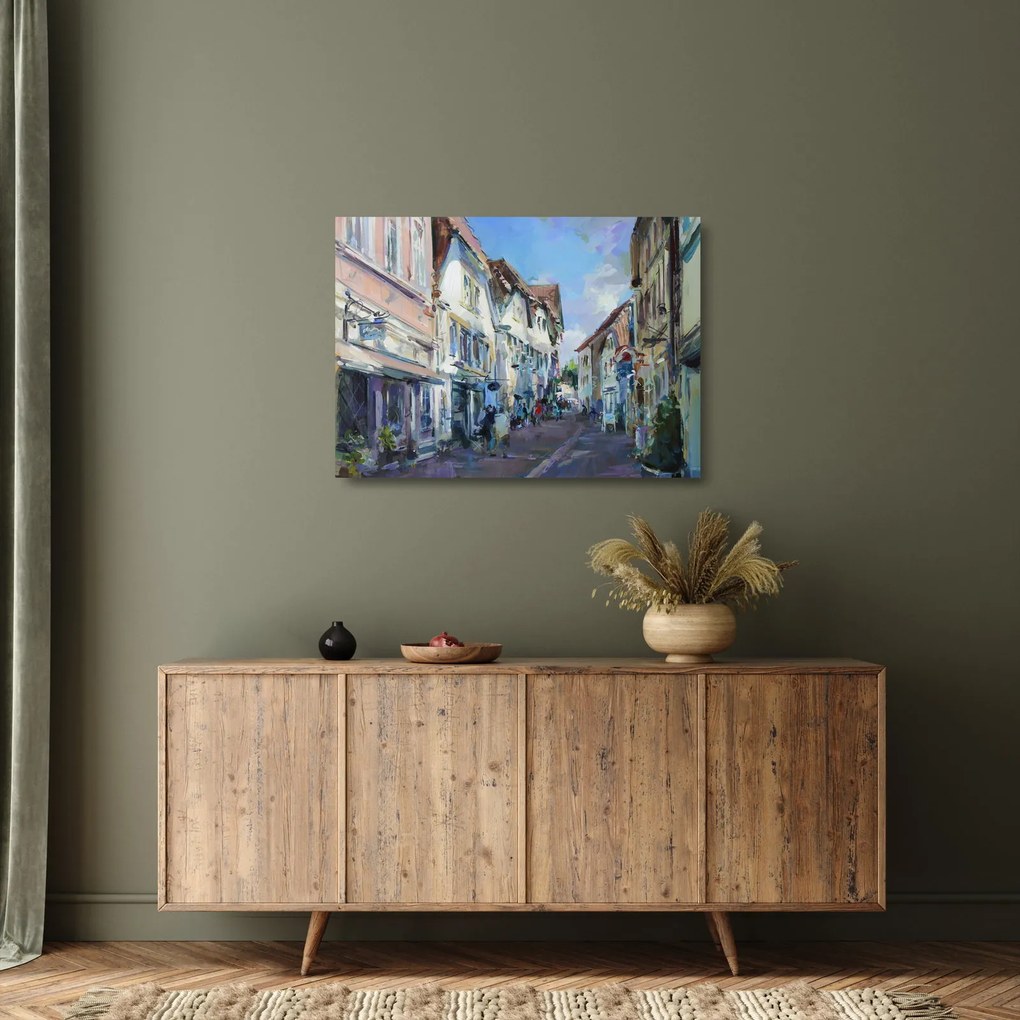 Tablou pe sticlă - Strada orașului vechi, pictură acrilică (70x50 cm)