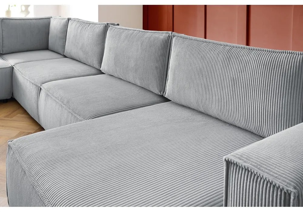 Colțar gri deschis cu tapițerie din catifea reiată (cu colț pe partea stângă /în formă de "U") Nihad modular – Bobochic Paris