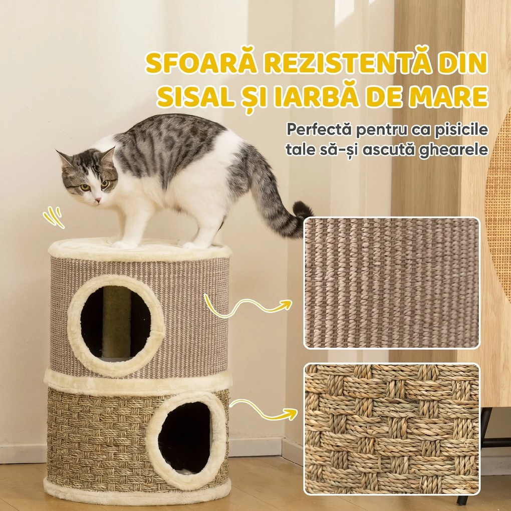 PawHut Căsuță pentru Pisici cu Stâlp de Zgâriat, Tip Turn, 2 Culcușuri, Sisal și Iarbă de Mare, Margini din Pluș, Kaki | Aosom Romania