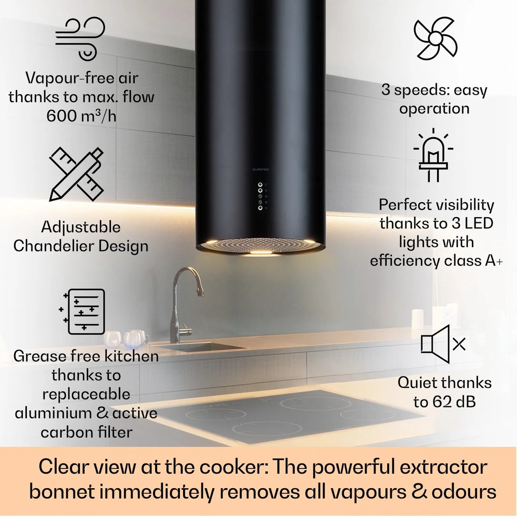 Klarstein Bolea, hota tip insulă, Ø38cm, mod de recirculare/extracție a aerului, 600m³/h, LED, inclusiv filtre de cărbune activ