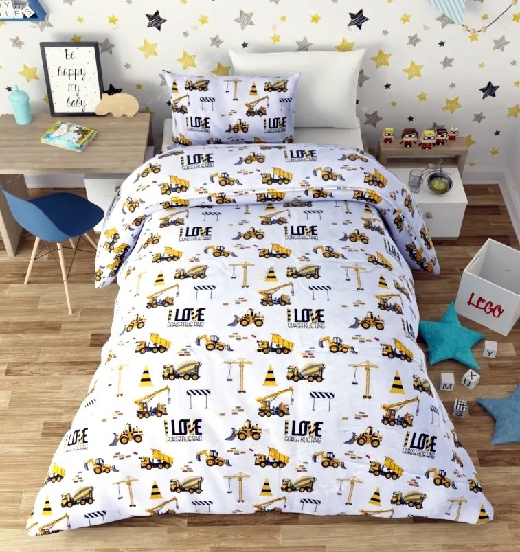 Lenjerie de pat copii bumbac Constructii Masini /160x200 cm dimensiune standard