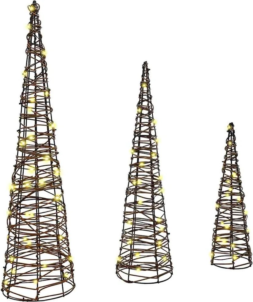 vidaXL Brad de Crăciun cu 90 LED 3 pcs Alb cald 20 x 20 x 80 cm Ratan