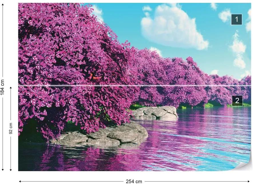 Fototapet GLIX - Purple Blossom Trees Lake Calming + adeziv GRATUIT Tapet nețesute - 254x184 cm