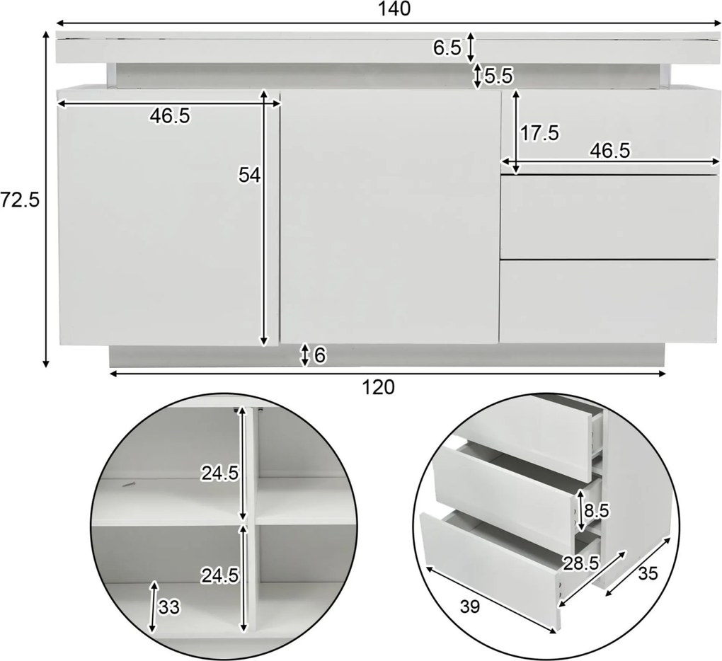 Comodă modernă cu finisaj lucios, fronturi fără mânere, 2 uși și 3 sertare, 140x35x72,5 cm, Alb