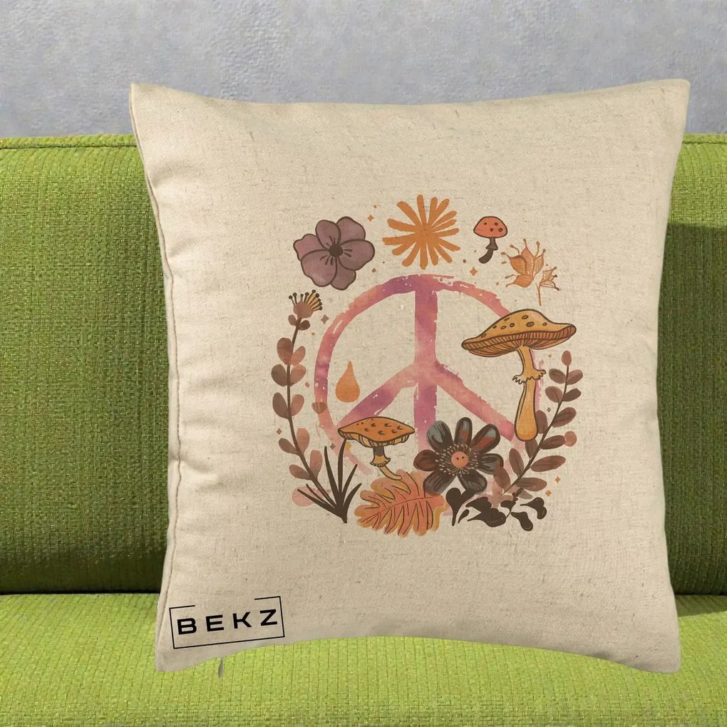 Perna Decorativa Peace Ciuperci Boho, 40x40 cm, Bej, Husa Detasabila, Perna Inclusa, BEKZ®