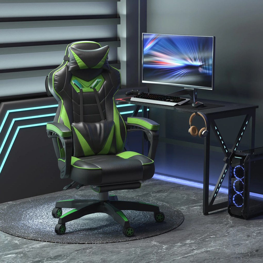 Vinsetto Scaun gaming ergonomic cu suport picioare, cap și lombar, fotoliu de birou confortabil, înălțime reglabilă, negru/verde | Aosom Romania