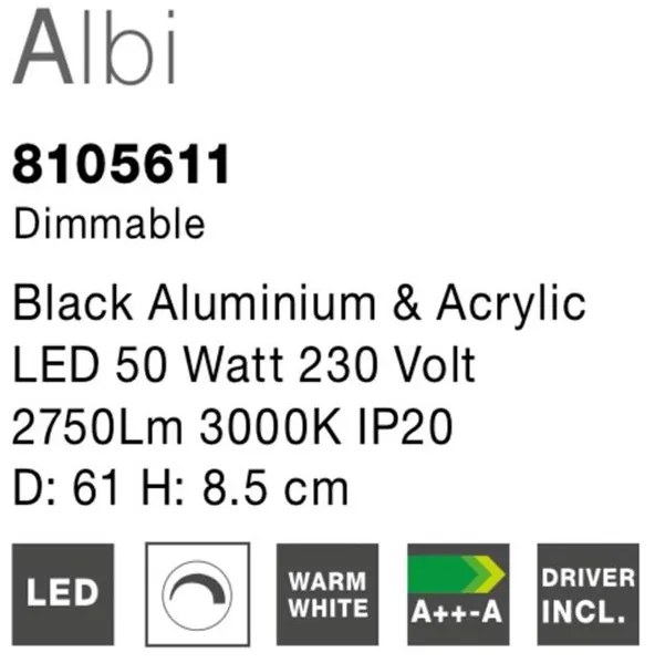Plafoniera LED moderna design slim 61cm ALBI negru NVL-8105611
