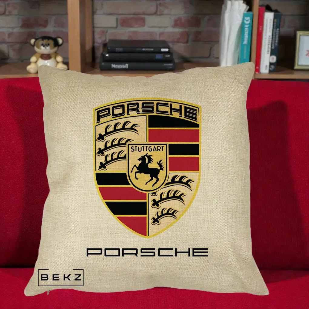 Perna Personalizata Porsche Stuttgart, 40x40 cm, Crem, Husa Detasabila, Perna Inclusa, BEKZ®